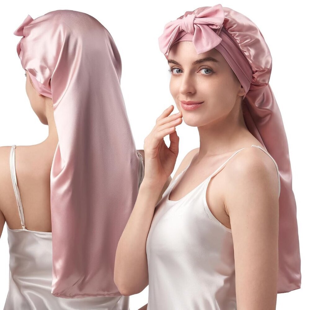 Silk Hair Bonnet Double Layer Long Sleep Cap for Women Curly Hair Pink